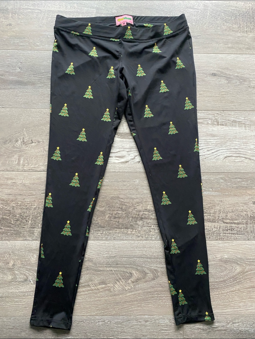 Tipsy Elves Black Leggings with Green Christmas Tree Print Womens Sz Large Black